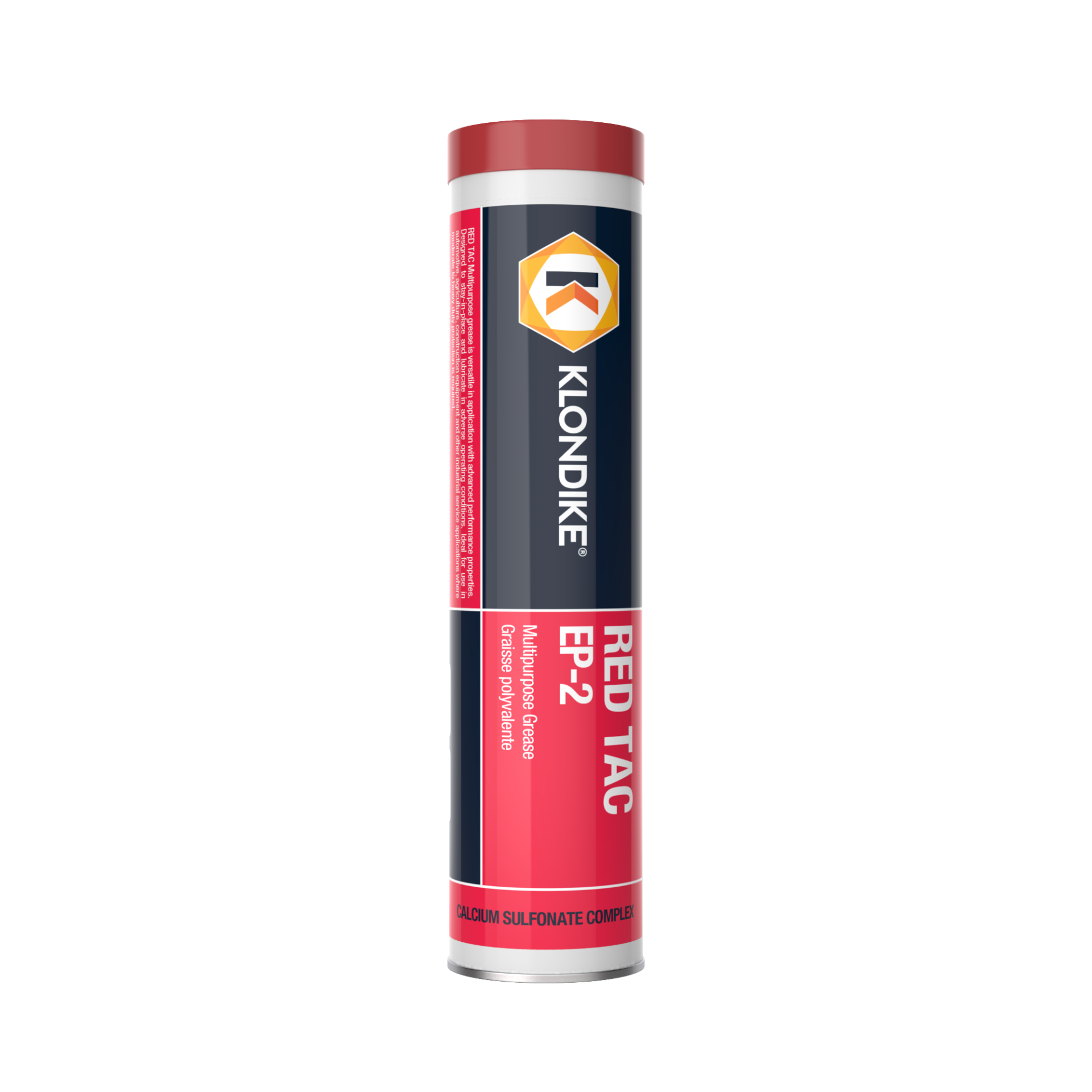 A tube of Klondike Red Tac EP-2 multi-purpose grease with a red and blue label, standing upright on a white background.