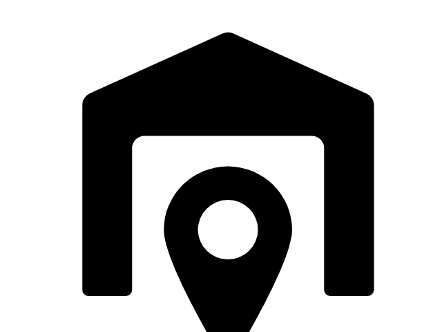Black icon of a location pin placed inside a simple house or building outline on a white background.