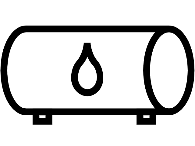 Black outline icon of a horizontal cylindrical tank with a droplet symbol in the center, representing a liquid storage tank.