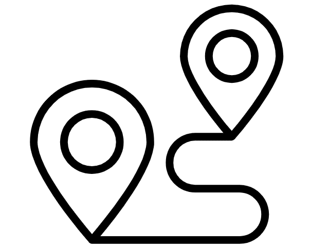 Black outline of two map location pins connected by a curved path on a white background, representing a route or journey between two points.