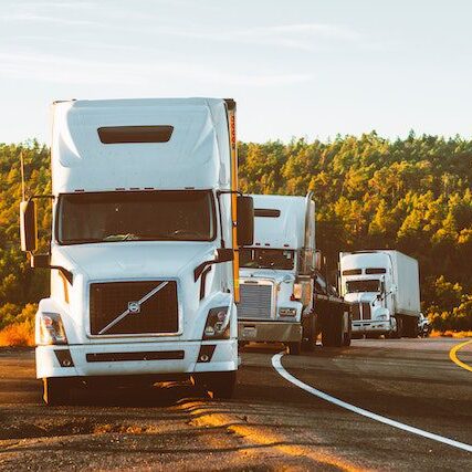 Three semi-trucks drive along a curving highway bordered by trees and shrubs, with sunlight illuminating the scene.