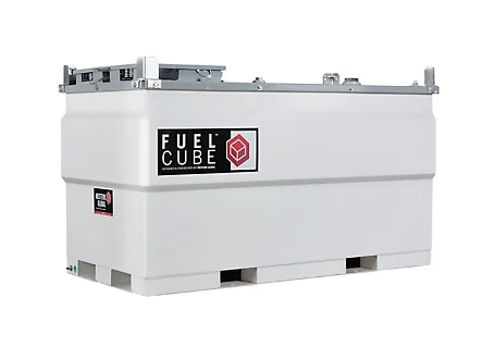 White rectangular FuelCube storage tank with metal fittings and labeled logo, designed for storing and dispensing fuel.